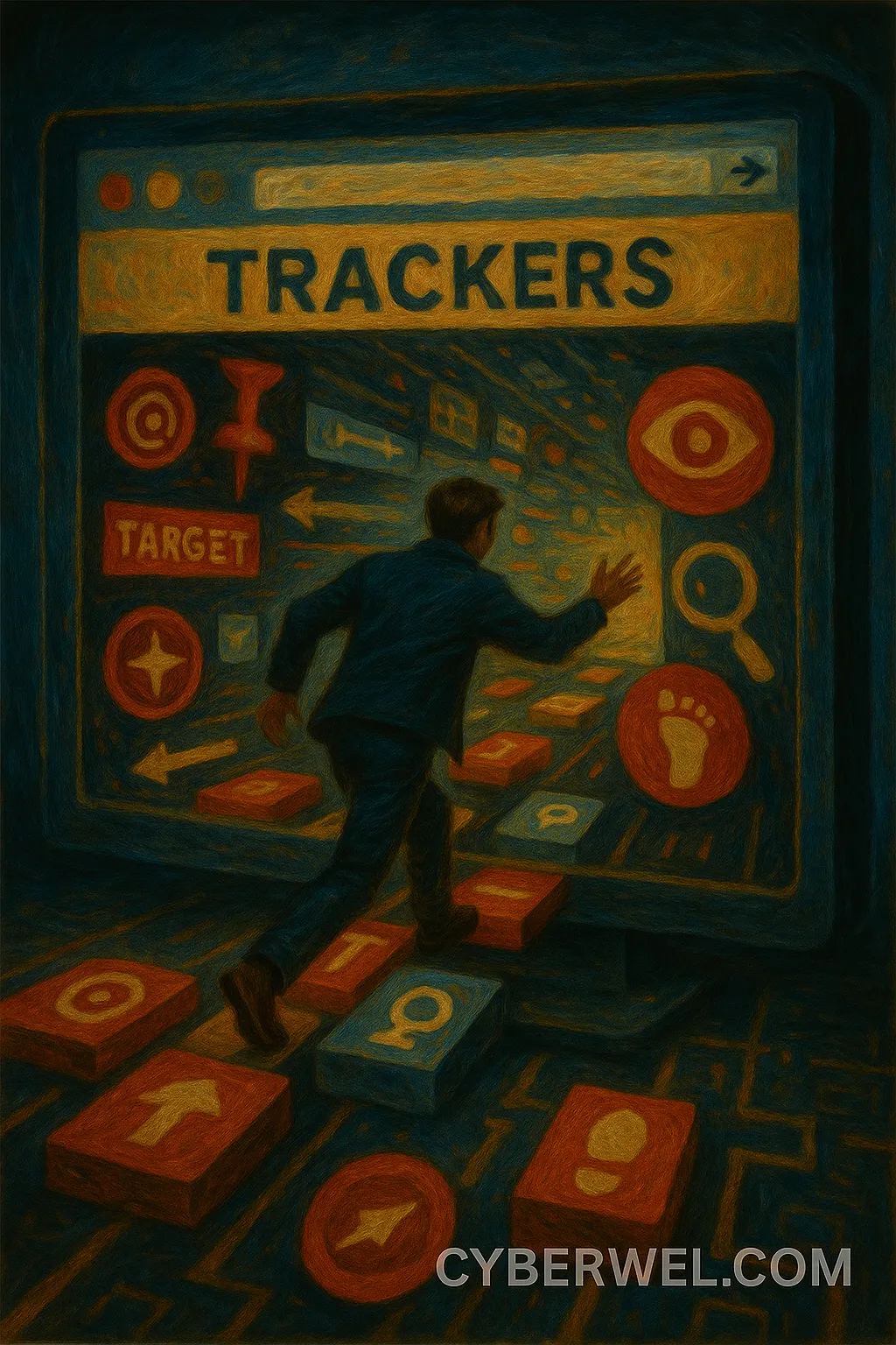 A digital illustration of browser security showing a web page with shields, a lock, a cookie, a bug icon, and a target symbol representing privacy, tracking, and online protection.