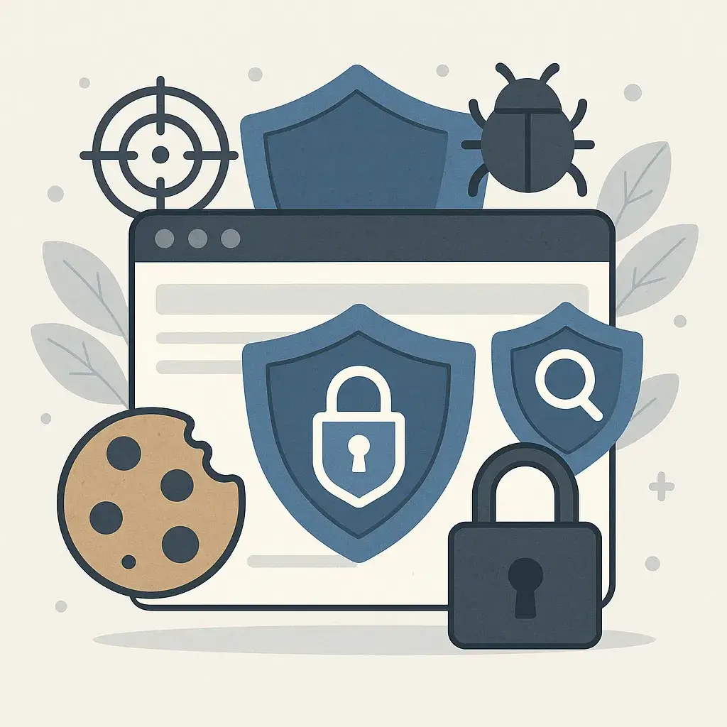 A digital illustration of browser security showing a web page with shields, a lock, a cookie, a bug icon, and a target symbol representing privacy, tracking, and online protection.