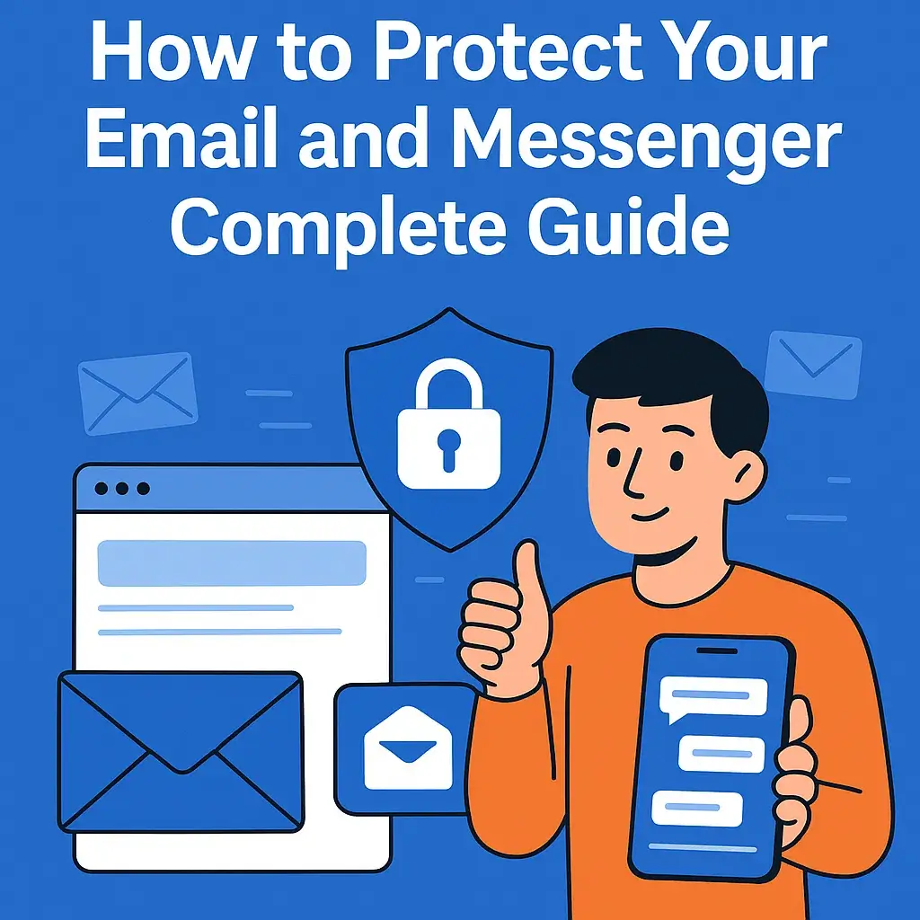 Illustration of a man holding a phone with chat bubbles and giving a thumbs up, with email icons and a shield with a lock symbolizing email and messenger protection.