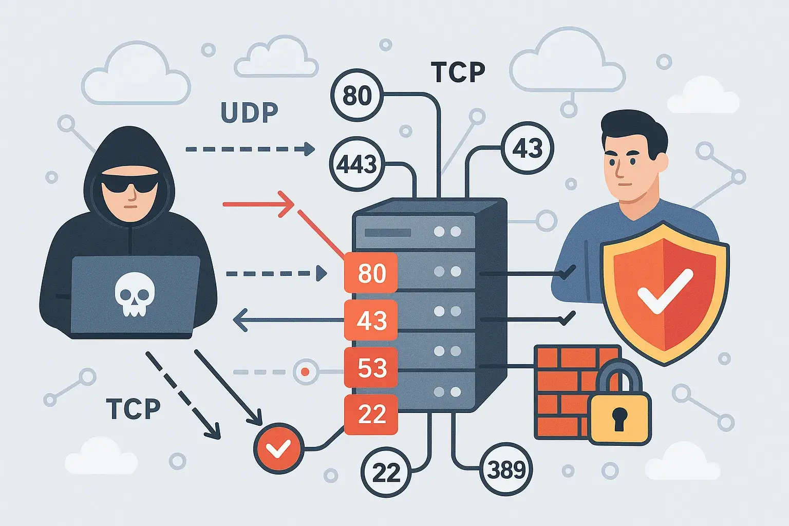 A detailed flat-style digital illustration showing how TCP and UDP ports work in cybersecurity. In the center, a server with labeled ports (80, 443, 53, 22, 389). On the left, a hacker sends TCP and UDP connections toward the ports, with some marked red to indicate vulnerability. On the right, a defender holds a shield and firewall, protecting key ports. Diagram lines differentiate TCP (solid) and UDP (dotted) connections.