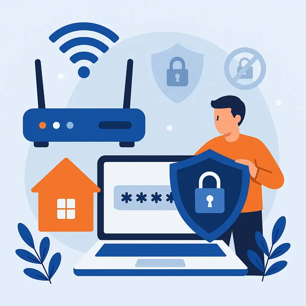 A flat-style digital illustration depicts securing a home Wi-Fi network. A person holds a shield with a lock icon in front of a laptop displaying a password. Nearby are a Wi-Fi router, a house symbol, and security icons.