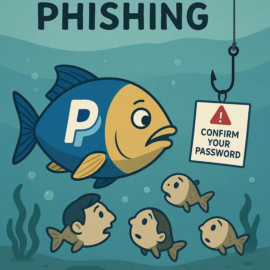A satirical phishing illustration shows a large fish with a PayPal logo holding a hook with a sign that says “Confirm your password” and a red warning icon. Three smaller fish with human faces look at the bait with surprise. The scene takes place underwater with seaweed and bubbles in the background.