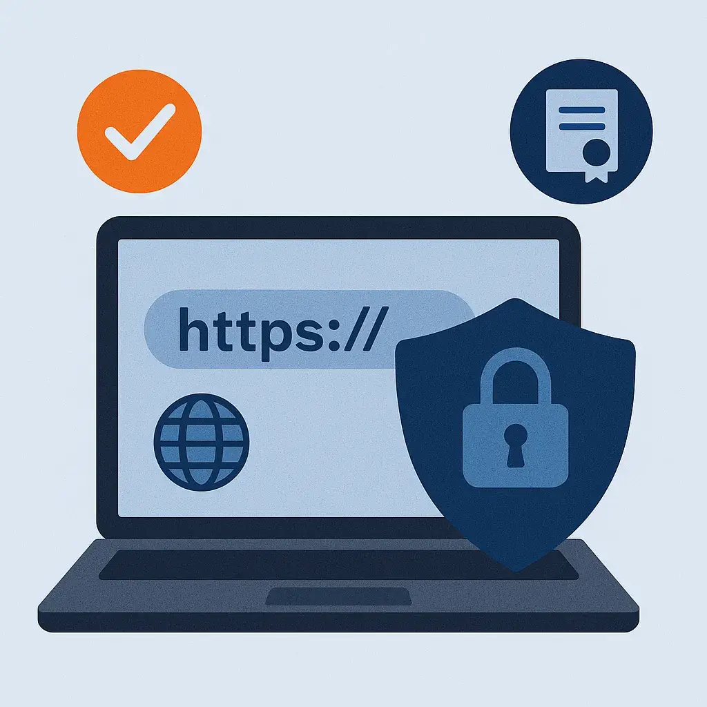 A flat digital illustration of a laptop with an HTTPS address bar, a globe icon, a shield with a lock, a certificate, and a checkmark, symbolizing SSL/TLS security.