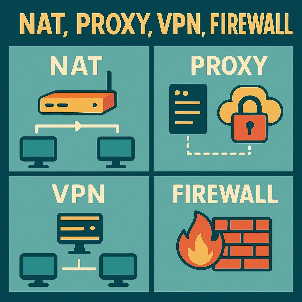 Infographic explaining how NAT, Proxy, VPN, and Firewall work together to protect privacy and network security.