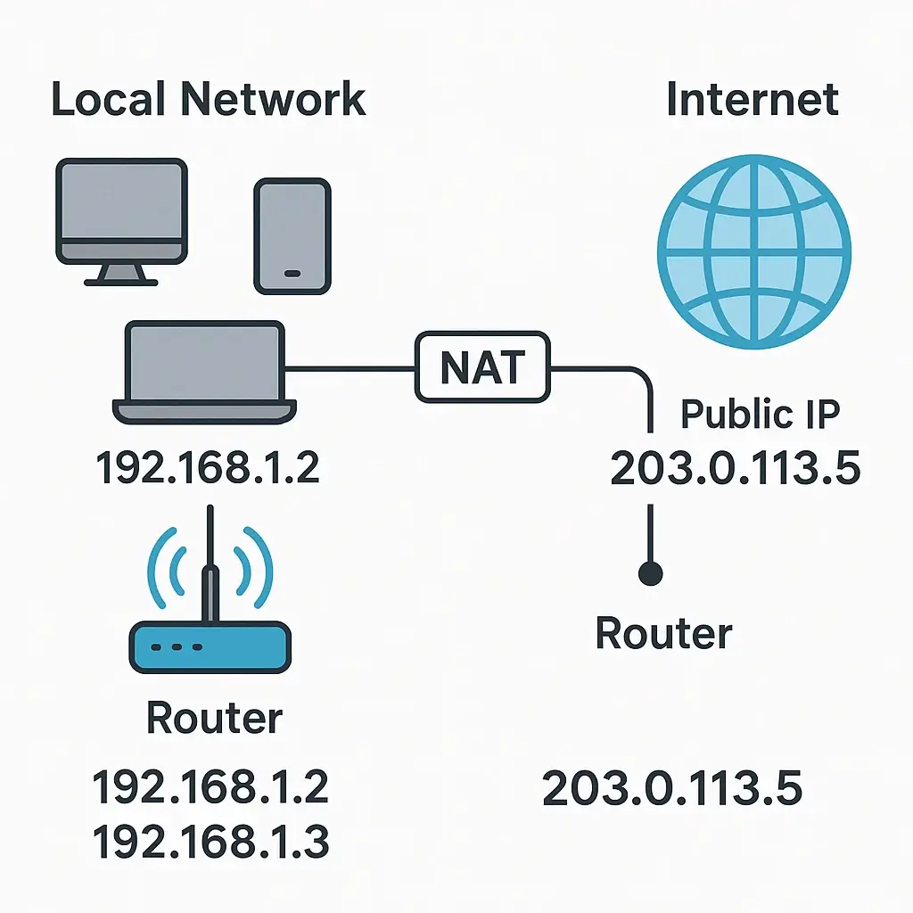 Diagram showing how NAT works between a local network with private IPs and the public internet, converting private IPs like 192.168.1.2 to a public IP 203.0.113.5.