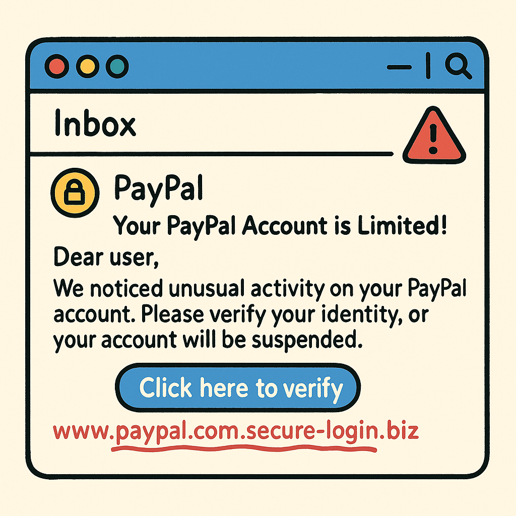 Example of a phishing email pretending to be from PayPal. The message warns about account suspension and urges the user to click a suspicious link to verify their information.