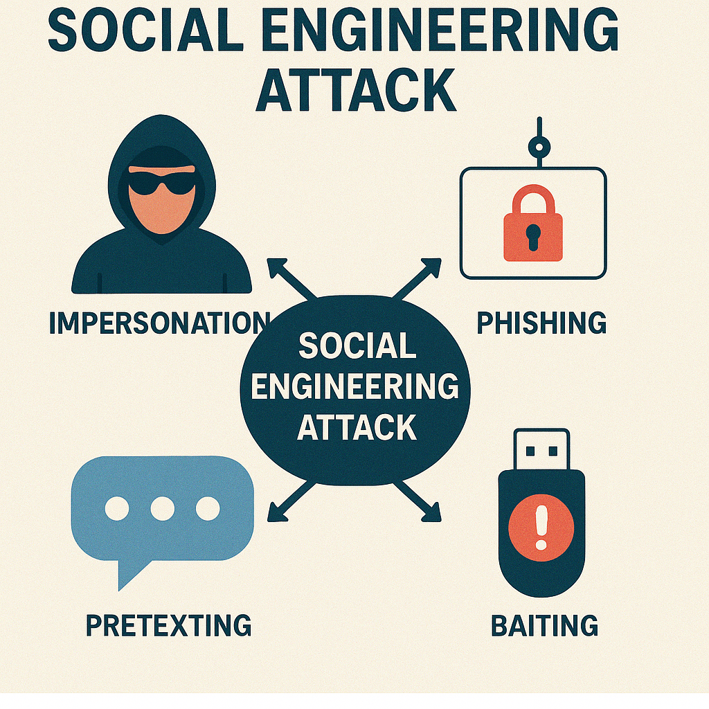 Discover the four main types of social engineering attacks β impersonation, phishing, pretexting, and baiting. Learn how hackers manipulate people and how to stay protected.