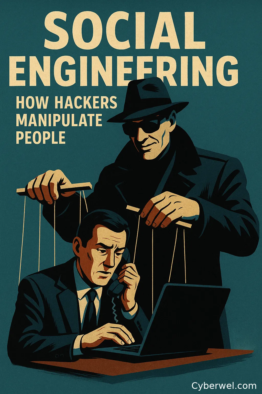 A digital illustration for the article "Social Engineering: How Hackers Manipulate People" shows a hooded hacker on the left and a worried woman on the right. Between them is a speech bubble with a phishing hook and a padlock, along with warning icons. The header text "SOCIAL ENGINEERING: HOW HACKERS MANIPULATE PEOPLE"