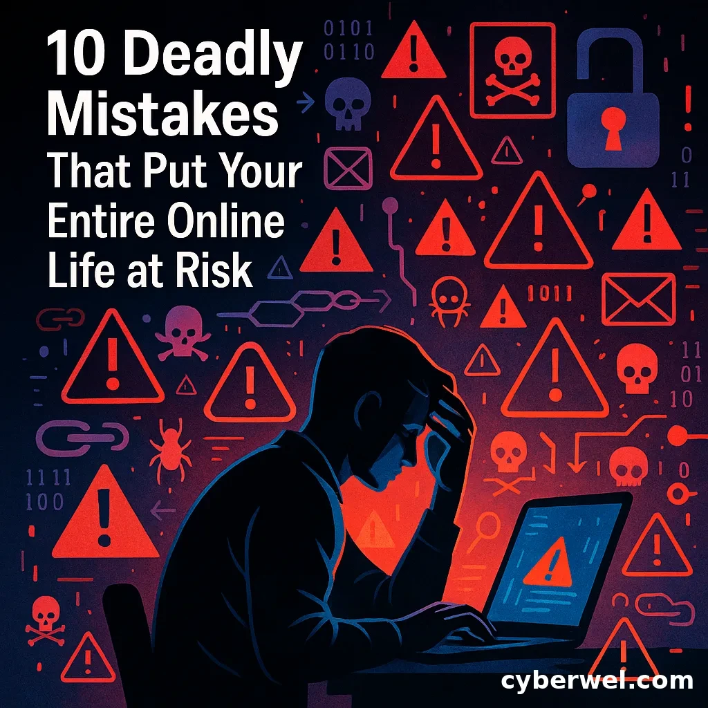 "Illustration of a stressed man at laptop surrounded by digital warning signs and cyber threats"