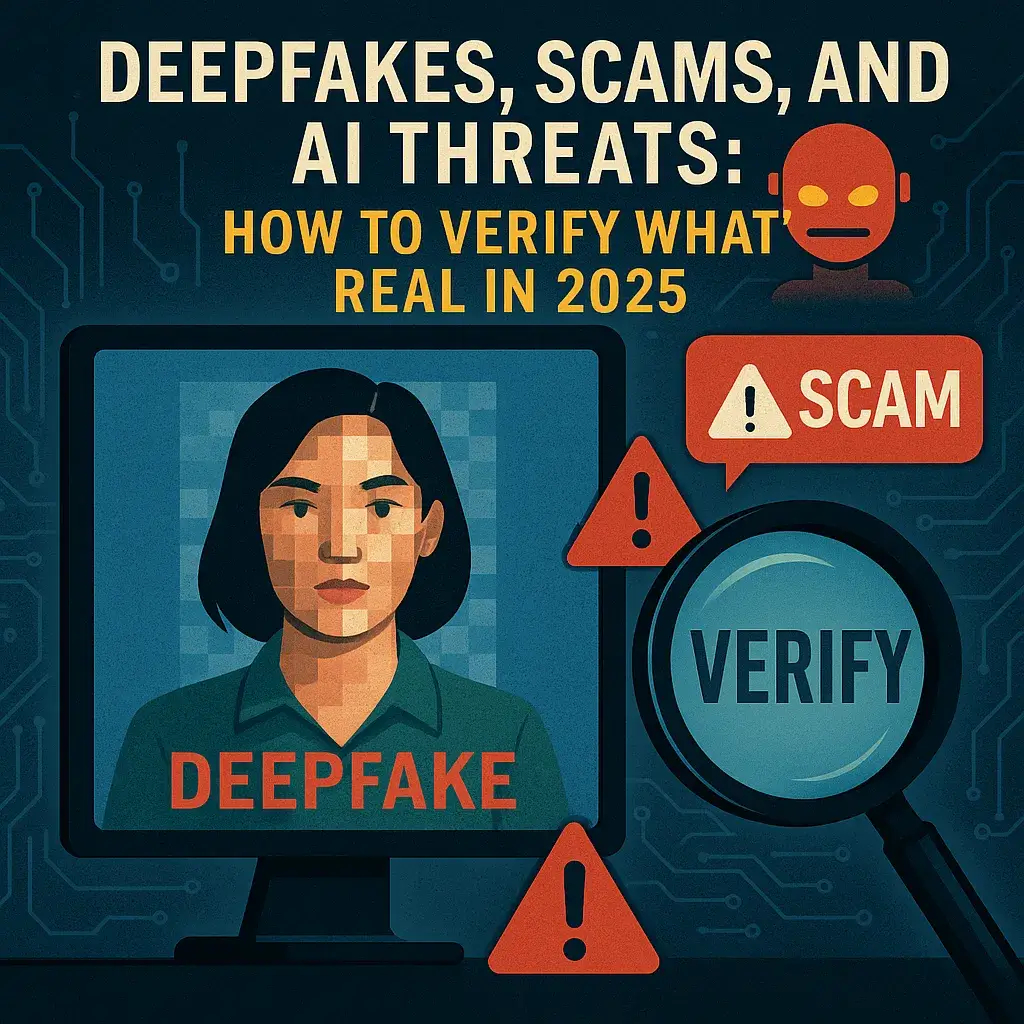 Digital illustration showing a person overwhelmed by fake news, AI-generated faces, and deepfake videos, with a magnifying glass symbolizing verification tools.