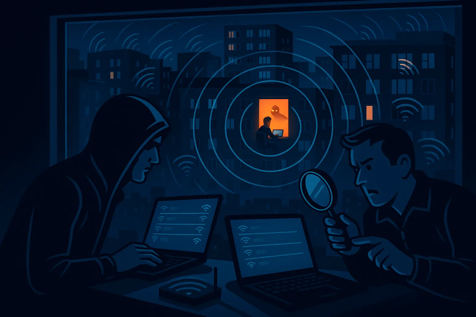 Two hackers attempt to intercept a hidden Wi-Fi network in a high-tech urban setting, symbolizing the importance of wireless security in 2025.