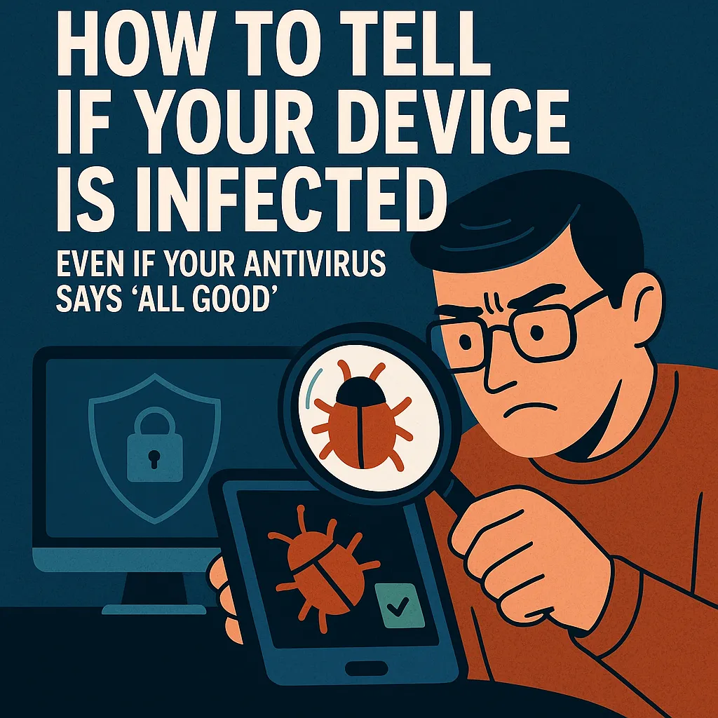 Illustration of a user confused by a device showing "All Good" while malware symbols float in the background
