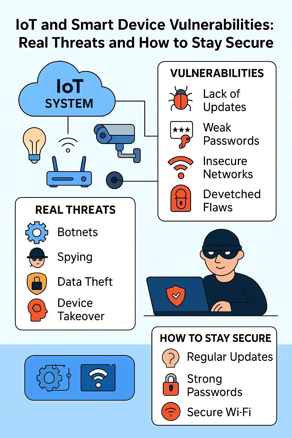 Infographic showing IoT vulnerabilities, real-world threats like device takeover, and security tips like strong passwords and secure Wi-Fi