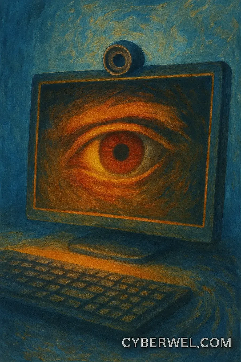 Surreal painting of a glowing eye on a computer screen symbolizing webcam surveillance and digital spying