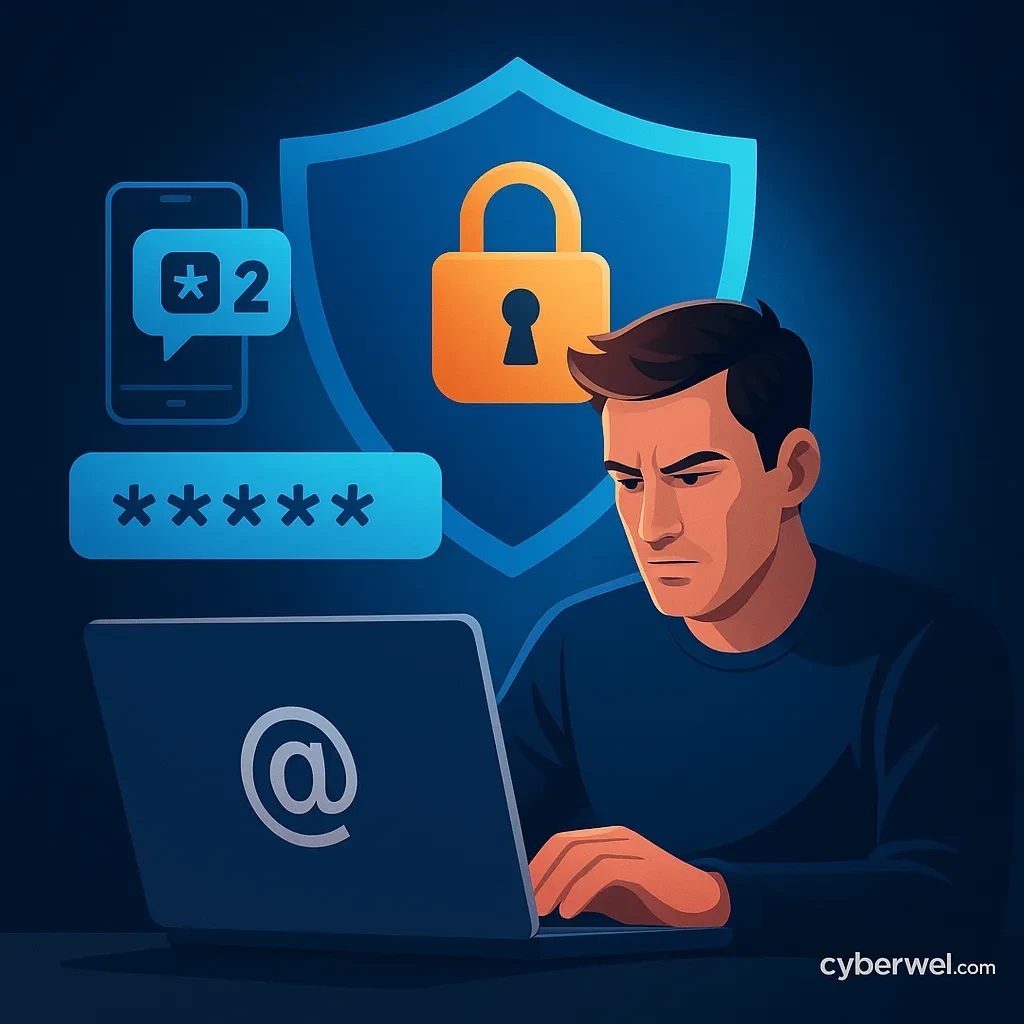 Man using laptop with two-factor authentication, password input, phone code, and padlock icon showing digital security protection