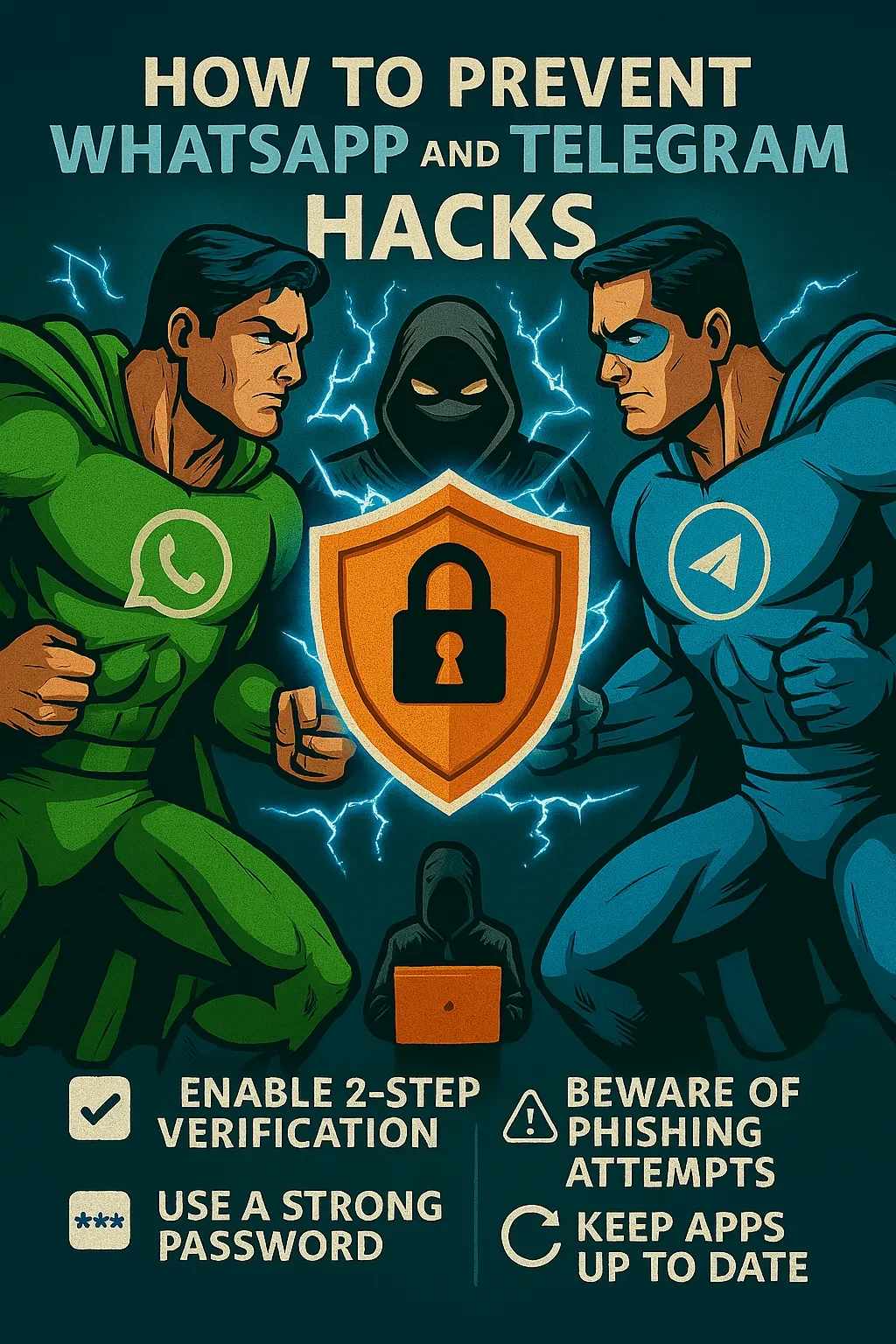 Infographic showing two masked hackers holding smartphones with WhatsApp and Telegram logos, a shield with a lock between them. Key tips include enabling two-step verification, using a strong password, avoiding phishing, and keeping apps updated.