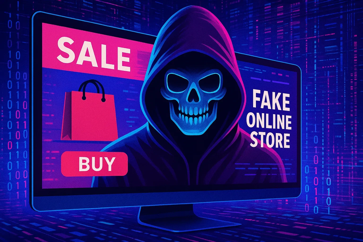 Digital illustration of a cybercriminal hiding behind a fake online store offering a fake SALE, designed in neon cyberpunk style.