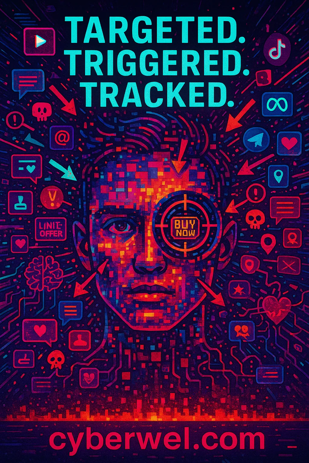 Pixelated face targeted by social media ads, surrounded by tracking icons and algorithmic arrows in cyberpunk style