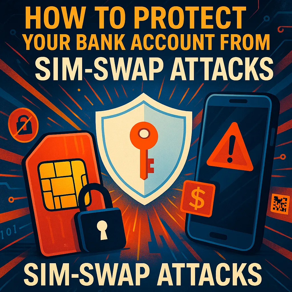 Cybersecurity illustration showing SIM card with lock, smartphone with warning, and shield with key — symbolizing protection from SIM-swap attacks.