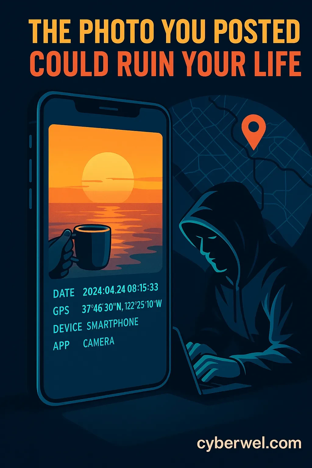 Smartphone photo with metadata shown next to a hacker and GPS map — illustrating the privacy risks of geotags and hidden photo data.