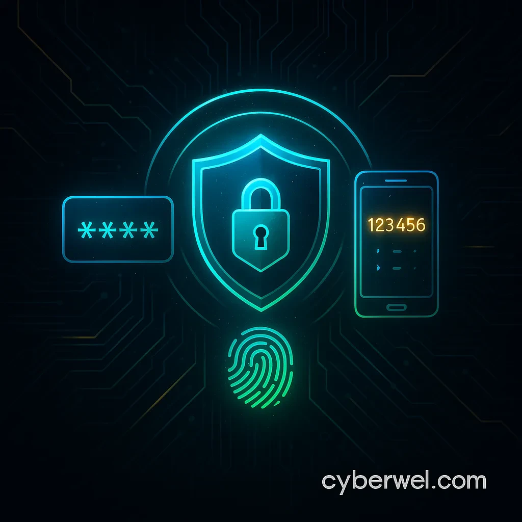 Futuristic illustration of multi-factor authentication showing password, smartphone code, and fingerprint protecting a digital lock.