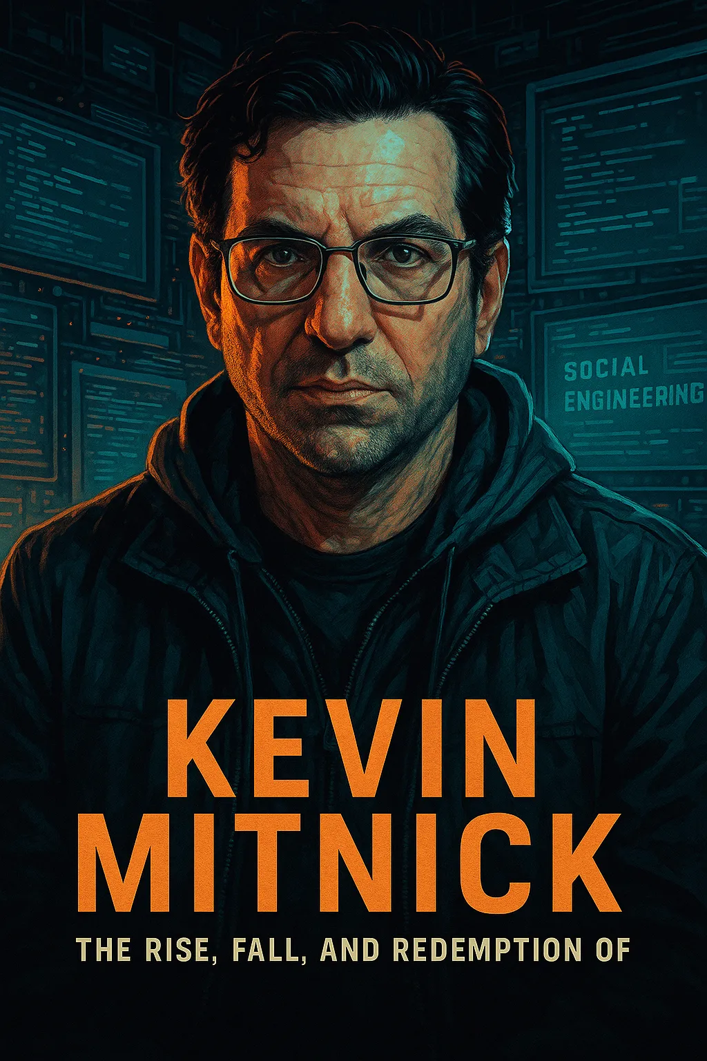 Cyberpunk-style portrait of Kevin Mitnick — the world’s most famous hacker — with glowing terminals and code in the background