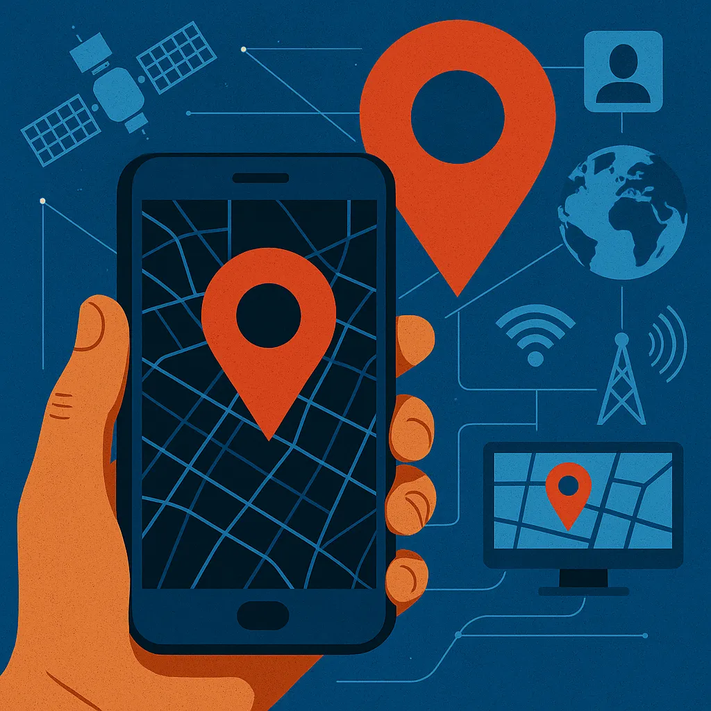 A digital illustration showing a man walking while a satellite beam tracks his smartphone location, symbolizing surveillance and data collection.