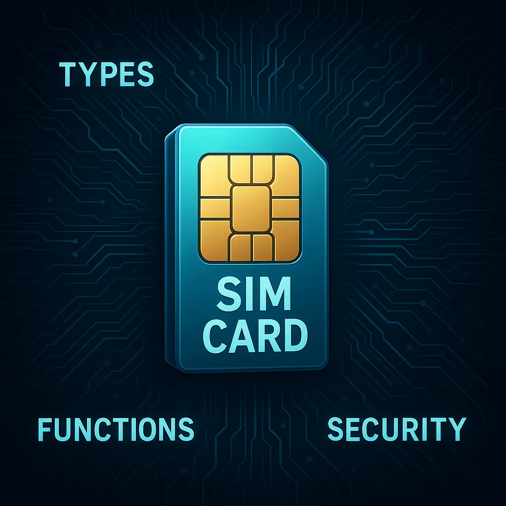 A high-tech illustration showing a SIM card inserted in a smartphone, with glowing data icons flowing out, symbolizing digital identity, security risks, and cyber data flow.