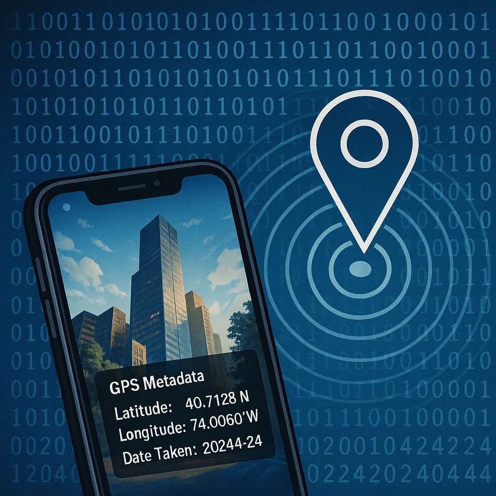 Smartphone displaying a photo with GPS metadata (latitude, longitude, date), geolocation pin icon, and binary background representing metadata