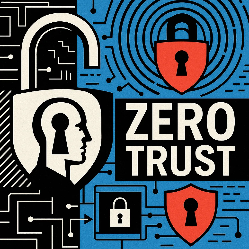 Zero Trust concept illustration featuring a human profile in a lock, shields, circuits, and padlocks, visualizing identity-based security and microsegmentation.