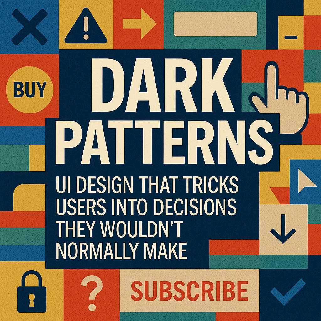 Illustration showing dark patterns in UI design as a colorful grid of manipulative interface elements like buttons, arrows, and warning signs.