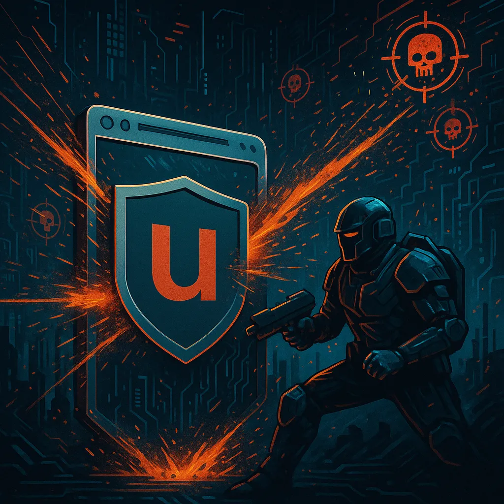 Cyberpunk illustration of a futuristic warrior using a uBlock Origin shield to block digital attacks in a neon-lit dystopian city.