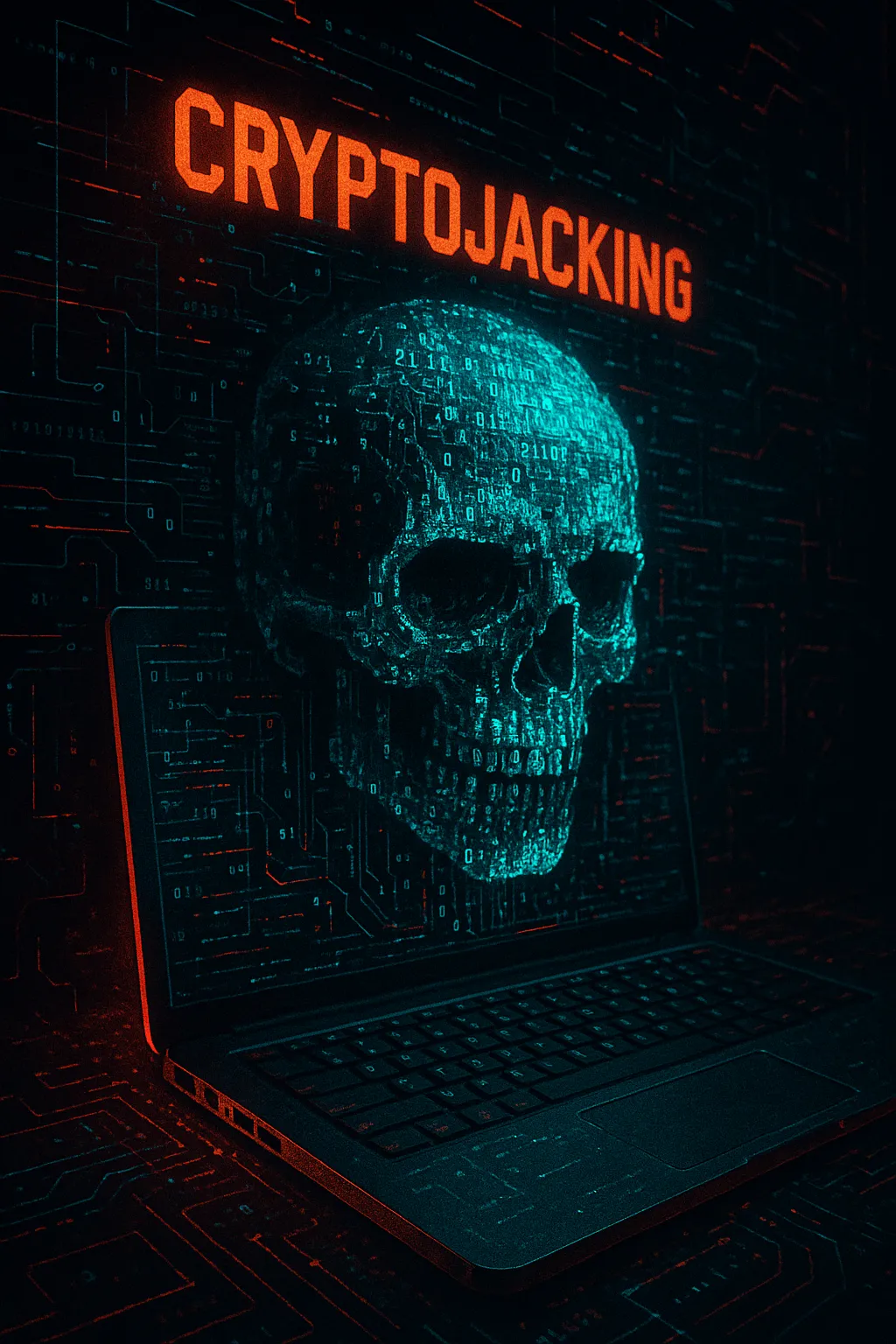 Cryptojacking illustration — a hacker remotely mining cryptocurrency on a victim’s CPU, with overheating laptop, flying Monero coins, and stealthy JavaScript code