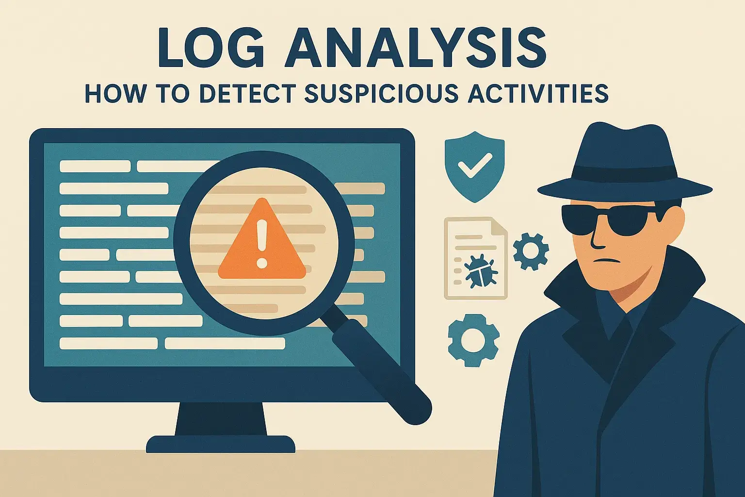 Flat-style illustration of a detective examining suspicious log data on a computer screen with a magnifying glass, showing log analysis and threat detection.