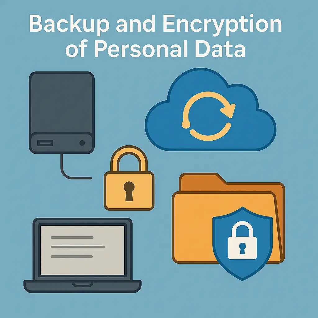 A computer with a lock and cloud icons representing encrypted backup, with file folders, shields, and padlocks illustrating protection.