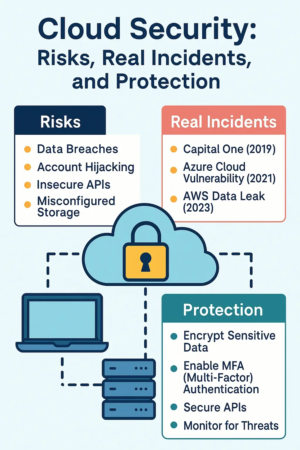 Cloud security infographic showing risks, real-life breach incidents, and best practices for protection including encryption and MFA