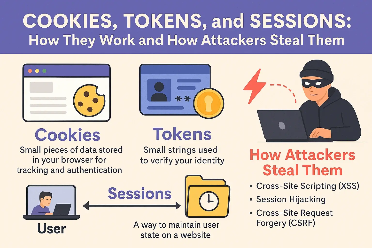 Infographic explaining cookies, tokens, and sessions with common attack methods like XSS, CSRF, and session hijacking
