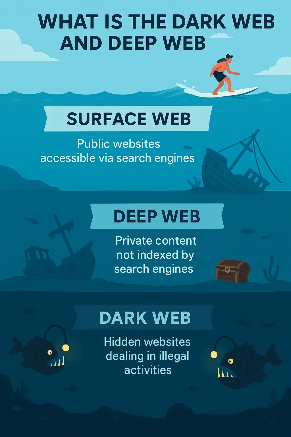 Infographic using ocean depth to explain the Surface Web, Deep Web, and Dark Web, with a surfer, shipwrecks, and anglerfish representing different layers of internet access and anonymity