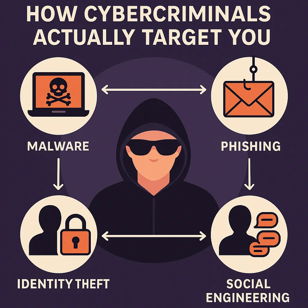 Infographic showing how cybercriminals target users through phishing, malware, weak passwords, public Wi-Fi, and data breaches