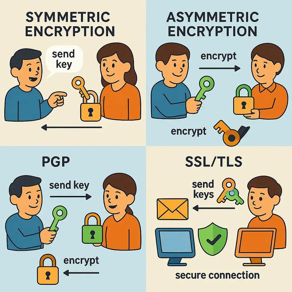 Simple illustration explaining symmetric, asymmetric, PGP, and SSL/TLS encryption with cartoon-style characters and lock/key visuals.