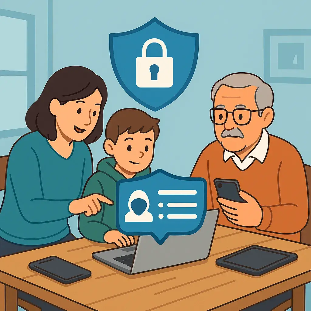 A family — a mother, child, and grandfather — gathered at a table learning about internet safety with laptops and smartphones, protected by a large shield icon.