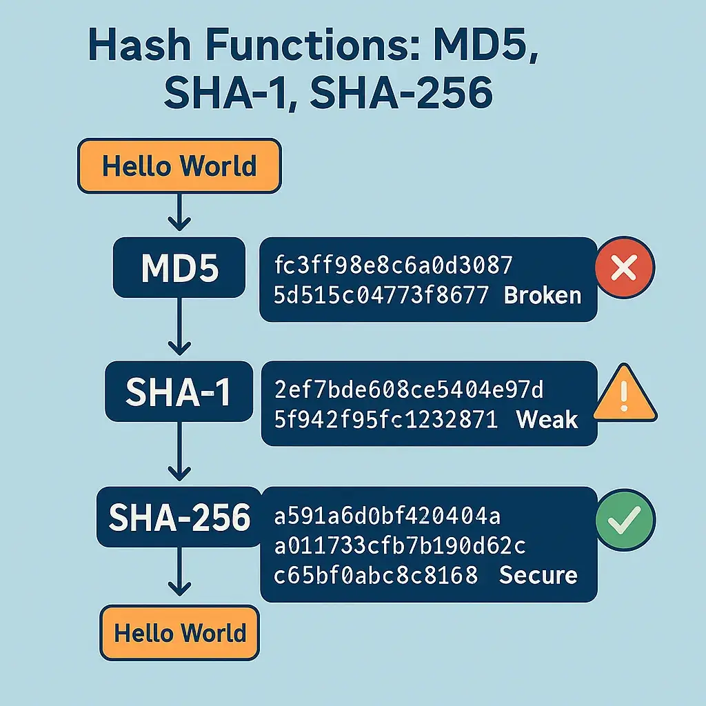 Infographic comparing MD5, SHA-1, and SHA-256 hash functions, with examples and security levels