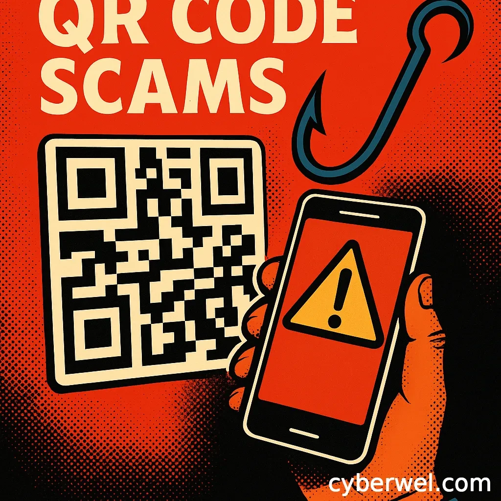 Illustration of a QR code scam showing a smartphone with a warning sign, a phishing hook, and a QR code on a red vintage-style background