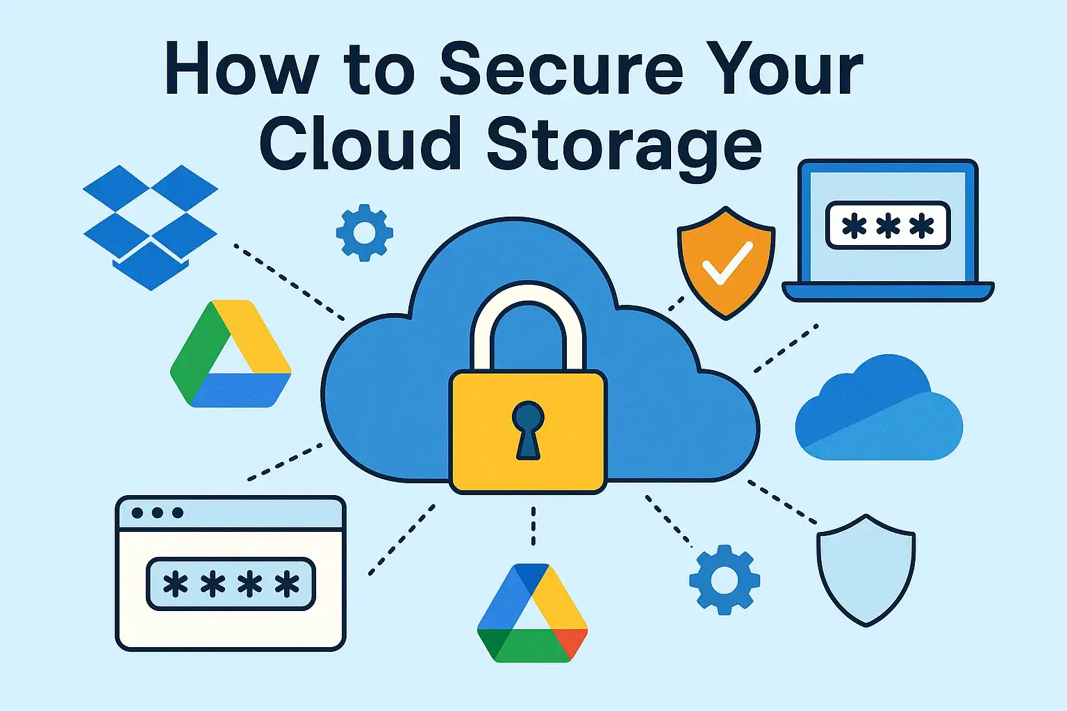 Secure cloud storage illustration featuring Dropbox, Google Drive, OneDrive icons around a central cloud with a padlock, symbolizing data protection and privacy.