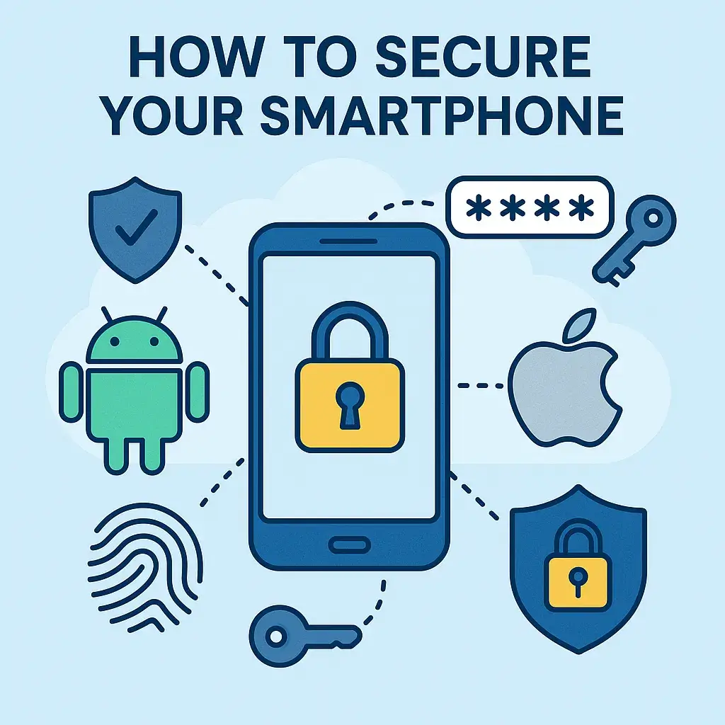 Infographic showing a smartphone with a padlock, surrounded by Android and Apple logos, fingerprint, password field, keys, and shields — illustrating mobile security for iOS and Android.