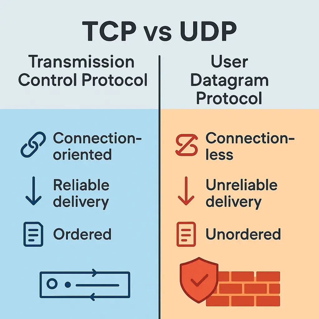 Side-by-side infographic comparing TCP (Transmission Control Protocol) and UDP (User Datagram Protocol), showing differences in reliability, connection type, and data ordering with icons and color-coded sections.