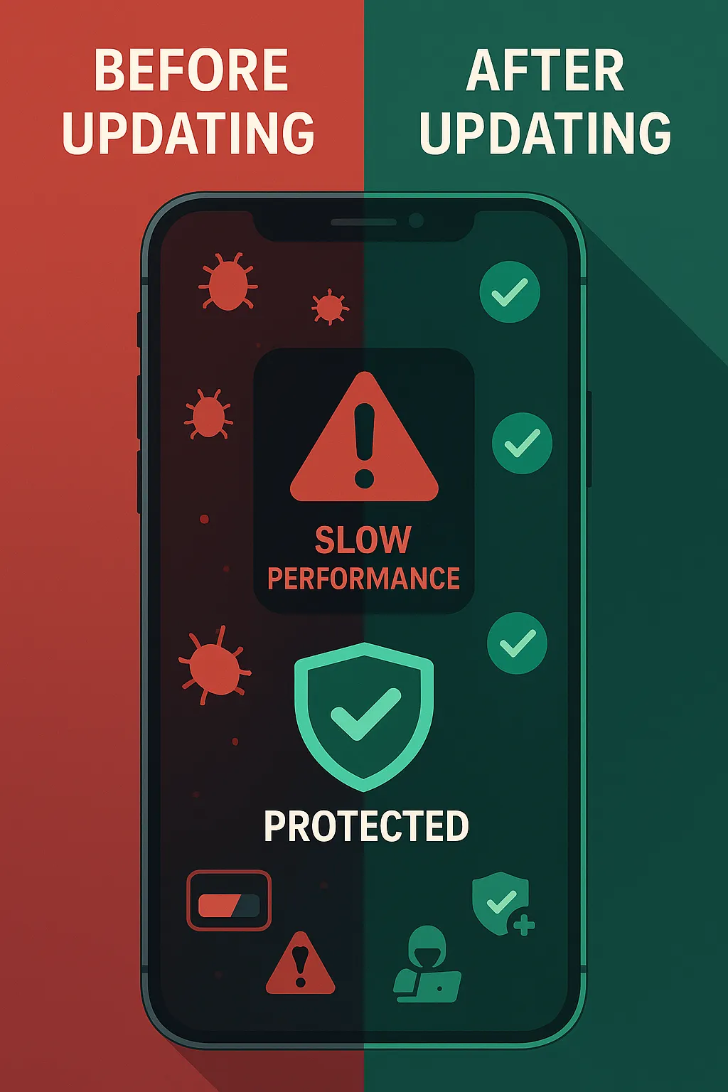 Split-screen infographic showing a smartphone before and after a software update