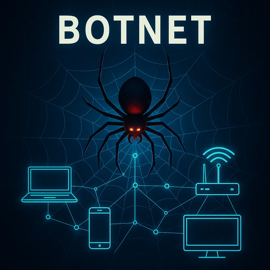 A digital spider with a red core controls laptops, phones, and routers in a glowing cyber web