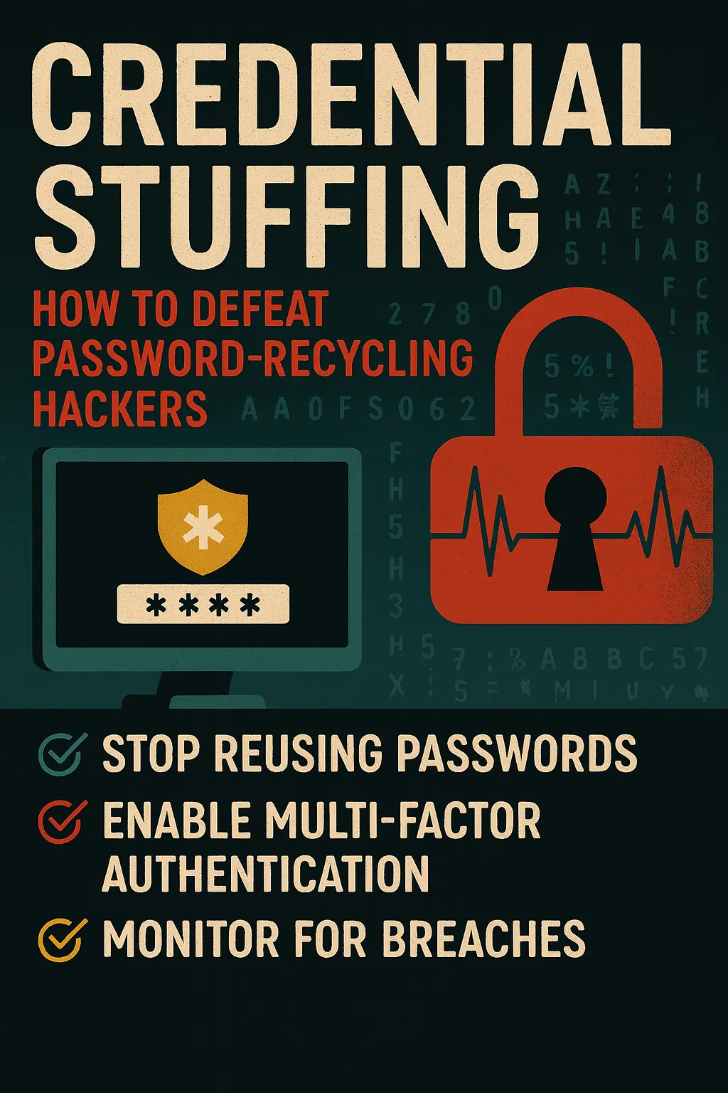 Cyberpunk-style digital illustration of credential stuffing, showing a glowing blue padlock, a red hacker’s hand, and a password breach interface