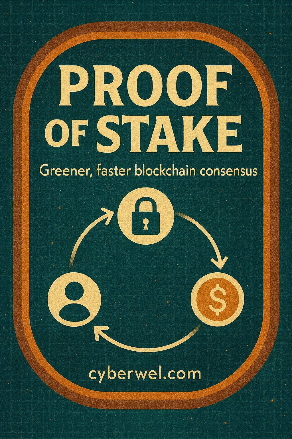 Proof of Stake blockchain consensus infographic with retro-style design, icons for user, security, and rewards, and teal patterned background.